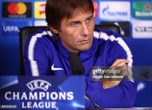 Manager Antonio Conte of Chelsea speaks to the media in a press conference ahead of thier UEFA Champions League group C match against FK Qarabag at...