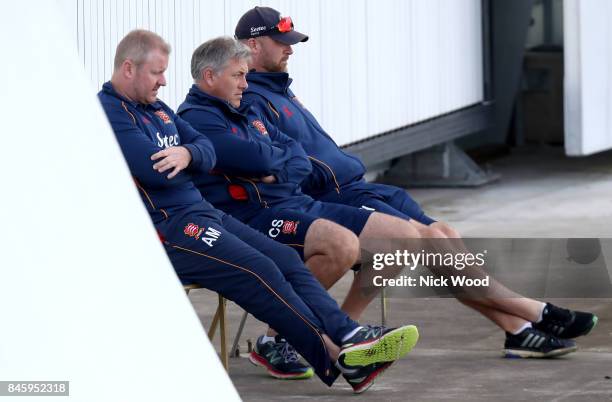 Essex coaching staff watch the match from a high vantage point during the Warwickshire v Essex - Specsavers County Championship: Division One cricket...