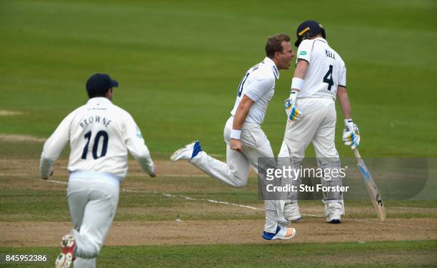 Essex bowler Neil Wagner celebrates the wicket of Ian Bell during day one of the Specsavers County Championship Division One match between...