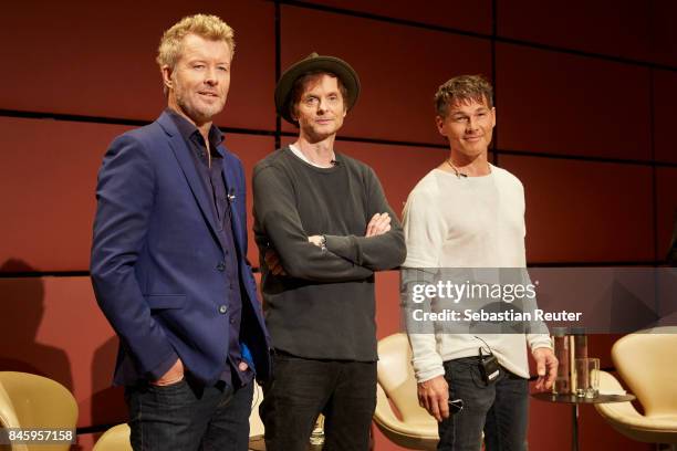 Magne Furuholmen, Pal Waaktaar-Savoy and Morten Harket of A-ha attends a press conference at Nordische Botschaften on September 12, 2017 in Berlin,...