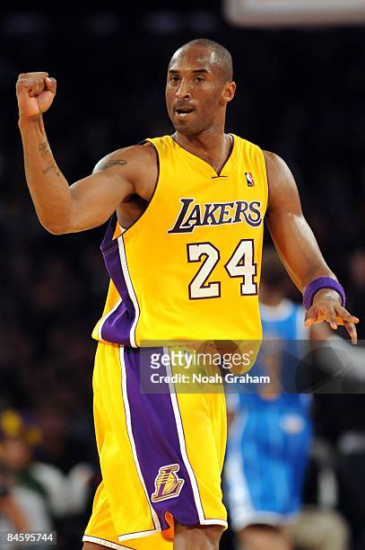 Kobe Bryant of the Los Angeles Lakers celebrates after a play during the game against the New Orleans Hornets at Staples Center on January 6, 2009 in...