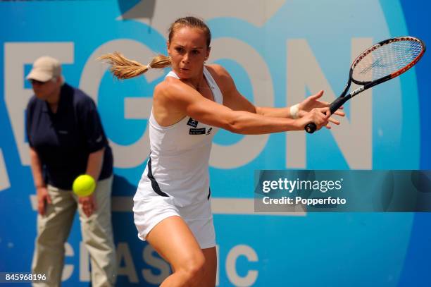 Magdalena Rybarikova of Slovakia in action against Li Na of China during the Final of the AEGON Classic at the Edgbaston Priory Club on June 14, 2009...