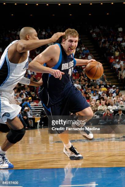 Dirk Nowitzki of the Dallas Mavericks drives against the Orlando Magic during the game on February 2, 2009 at Amway Arena in Orlando, Florida. NOTE...