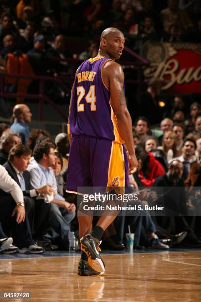 Kobe Bryant of the Los Angeles Lakers looks over his shoulder during game against the New York Knicks on February 2, 2009 at Madison Square Garden in...