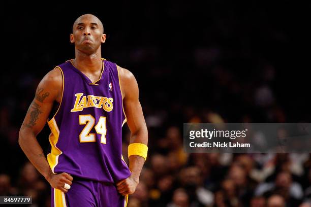 Kobe Bryant of the Los Angeles Lakers walks down the court against the New York Knicks on February 2, 2009 at Madison Square Garden in New York City....