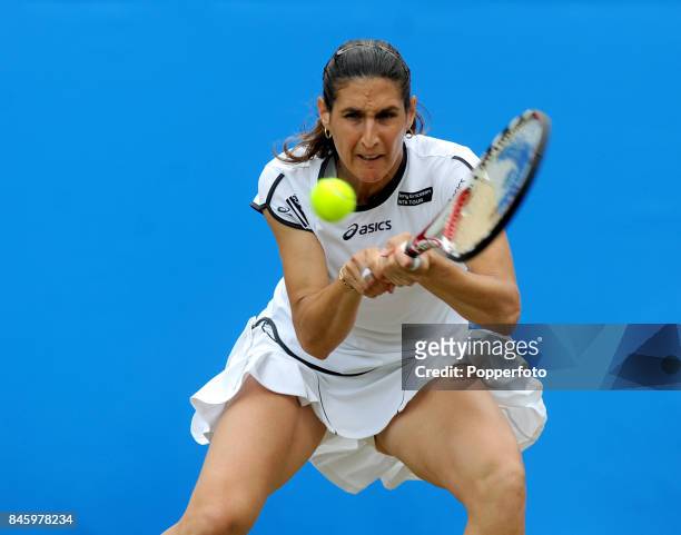Virginie Razzano of France in action during the Women's Final match against Caroline Wozniacki of Denmark on day six of the AEGON International in...
