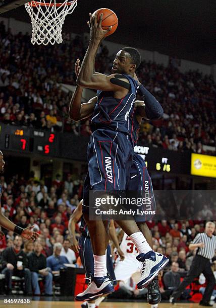 Hasheem Thabeet of the Connecticut Huskies grabs a rebound against the Louisville Cardinals during the Big East Conference game against on February...