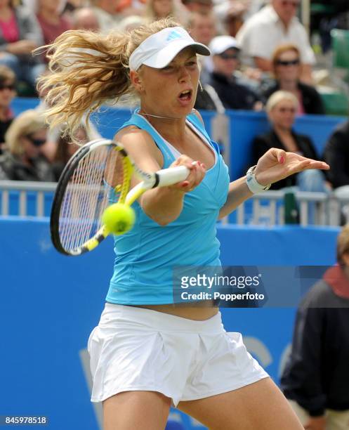 Caroline Wozniacki of Denmark in action during the Women's Final match against Virginie Razzano of France on day six of the AEGON International in...