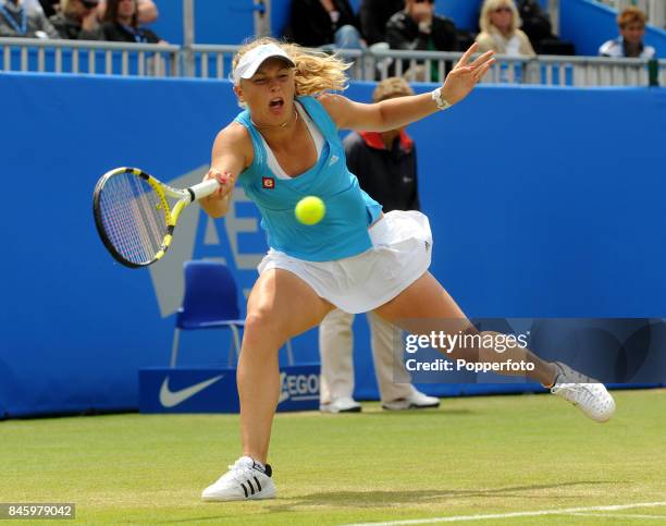 Caroline Wozniacki of Denmark in action during the Women's Final match against Virginie Razzano of France on day six of the AEGON International in...