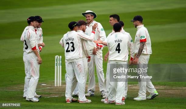 Ryan McLaren of Lancashire celebrates the wicket of James Hildreth of Somerset during Day One of the Specsavers County Championship Division One...