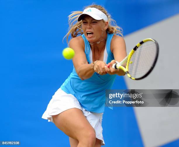 Caroline Wozniacki of Denmark in action during the Women's Final match against Virginie Razzano of France on day six of the AEGON International in...