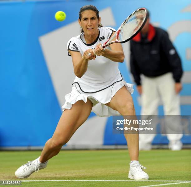 Virginie Razzano of France in action during the Women's Final match against Caroline Wozniacki of Denmark on day six of the AEGON International in...