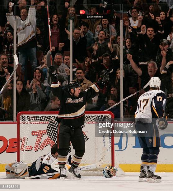 Patrick Lalime of the Buffalo Sabres lays in the crease after a goal from Chris Pronger of the Anaheim Ducks during the game on February 02, 2009 at...
