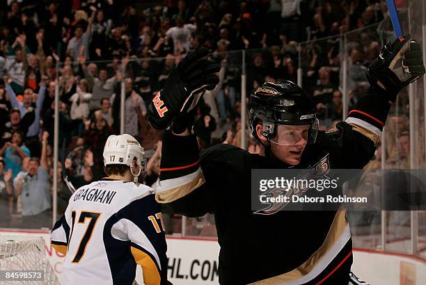 Corey Perry of the Anaheim Ducks celebrates after making a third period goal against the Buffalo Sabres during the game on February 02, 2009 at Honda...