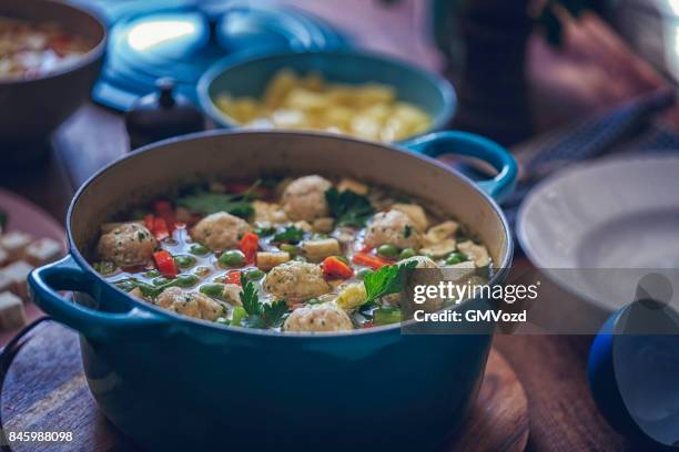 minestrone soup with fresh vegetables and dumplings - green pea soup stock pictures, royalty-free photos & images