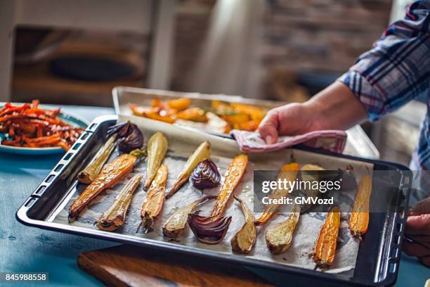 roasted root vegetables fresh from the oven - side dish stock pictures, royalty-free photos & images