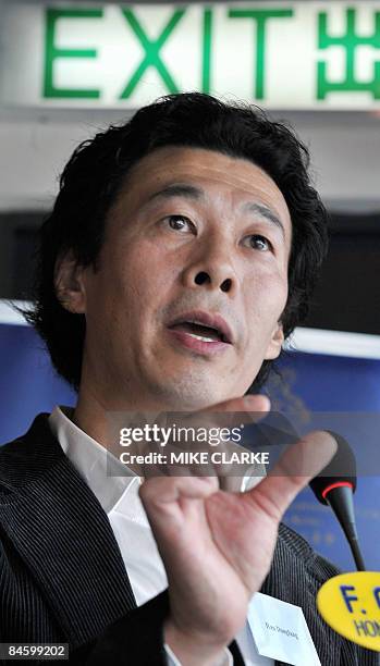 Labour rights campaigner Han Dongfang speaks at the Foreign Correspondents' Club in Hong Kong on February 3, 2009. Han set up the Beijing Autonomous...