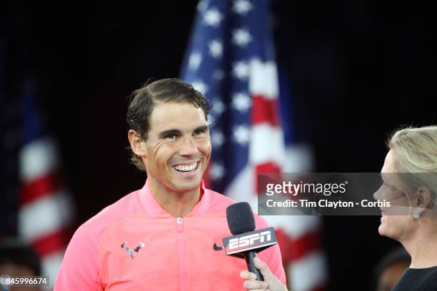 Open Tennis Tournament - DAY FOURTEEN. Chris McKendry of ESPN conducting the post match on court interviews with Rafael Nadal of Spain after the...