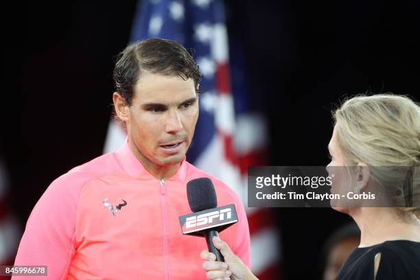 Open Tennis Tournament - DAY FOURTEEN. Chris McKendry of ESPN conducting the post match on court interviews with Rafael Nadal of Spain after the...