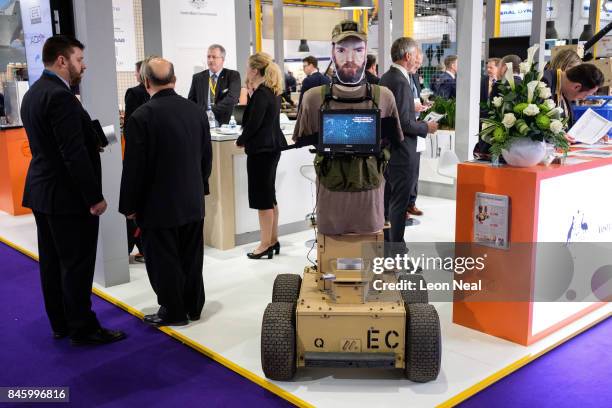 Moving robotic target is seen on the "Marathon" display stand at the DSEI event at the ExCel centre on September 12, 2017 in London, England. The...