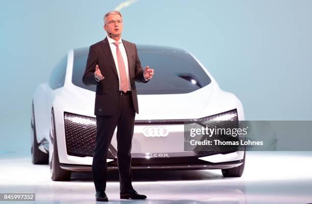 The Chairman of Audi, Rupert Stadler, presents the new Audi concept car Aicon at the 2017 Frankfurt Auto Show on September 12, 2017 in Frankfurt am...