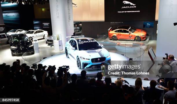 The carmaker Jaguar presents their first electric 'I-PACE Concept Car' at the 2017 Frankfurt Auto Show on September 12, 2017 in Frankfurt am Main,...