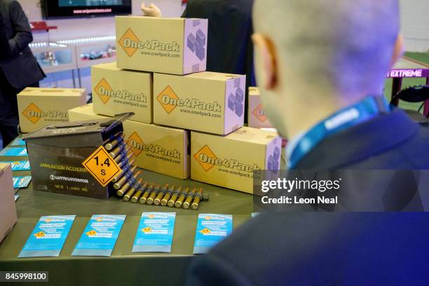 Selection of rounds of ammunition are displayed on the "Sniper Extreme" display stand at the DSEI event at the ExCel centre on September 12, 2017 in...