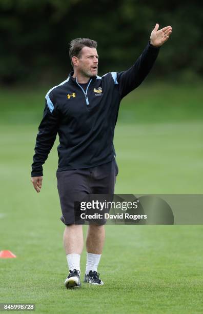 Andy Titterrell, the Wasps forwards coach issues instructions during the Wasps training session held at their training venue on September 12, 2017 in...