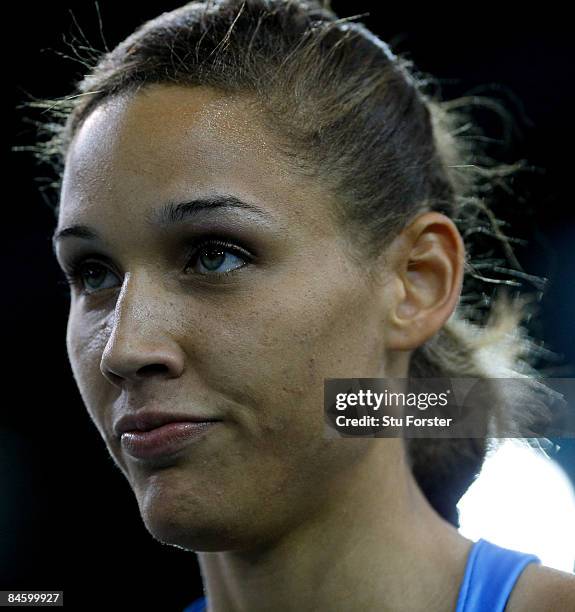 Lolo Jones of USA looks on after winning the Womens 60 Metres Hurdles during the Aviva International Match at Kelvin Hall on January 31, 2009 in...