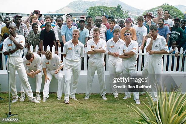 Dejected members of the England cricket team after being dismissed by the West Indies for 46 and losing the 3rd Test by 147 runs, Trinidad, 30th...