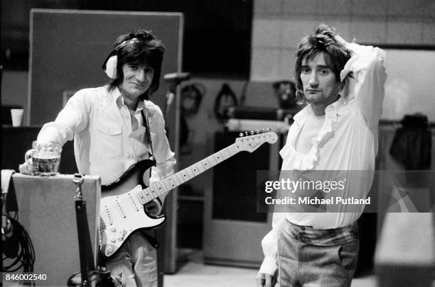 Ronnie Wood and Rod Stewart of The Faces during a recording session at Olympic Studios, Barnes, London, October 1974.