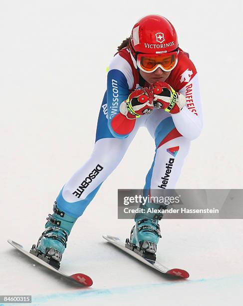 Fabienne Suter of Switzerland competes in the Women's Super G event of the FIS Super G World Cup at the Kandahar slope on February 1, 2009 in...