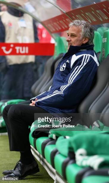 Head coach Fred Rutten of Schalke looks on prior the Bundesliga match between Hannover 96 and FC Schalke 04 at the AWD Arena on January 31, 2009 in...