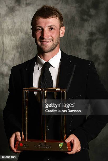Phillip Hughes poses with his award after being named Bradman Young Player of the Year during the 2009 Allan Border Medal held at the Crown Casino...