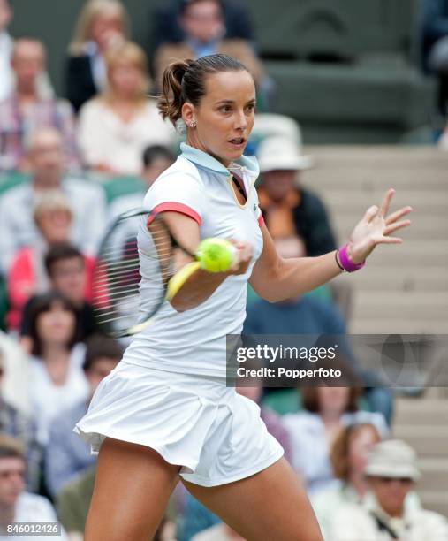 Jarmila Gajdosova of Australia in action during her third round match against Caroline Wozniacki of Denmark on Day Six of the Wimbledon Lawn Tennis...