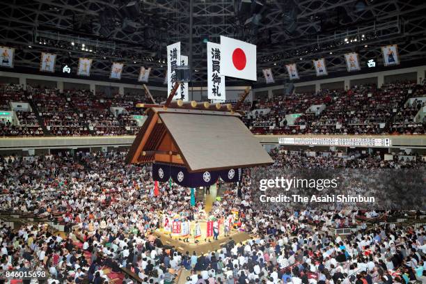 Full House crowd are seen during day three of the Grand Sumo Autumn Tournament at Ryogoku Kokugikan on September 12, 2017 in Tokyo, Japan.