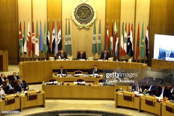 Secretary General of the Arab League Ahmed Abu Gayt and Algerian Foreign Minister Abdelkader Messahel attend the 148th session of the Arab League...