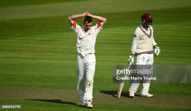 Ryan McLaren of Lancashire appeals during Day One of the Specsavers County Championship Division One match between Somerset and Lancashire at The...