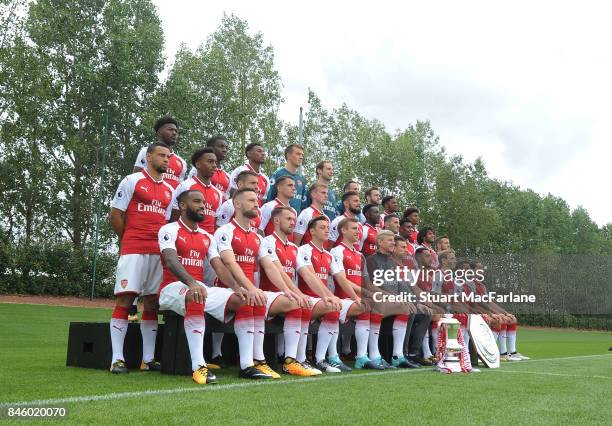 Arsenal 1st team squad season 2017/18. Back row : Ainsley Maitland-Niles, Eddie Nketiah, Jeff Reine-Adelaide, Matt Macey, Petr Cech, David Ospina,...