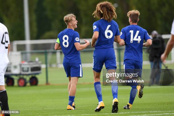 Luke McCormick of Chelsea U19's celebrates his 2nd goal during the UEFA Youth Champions League group C match between Chelsea FC and Qarabag FK at...
