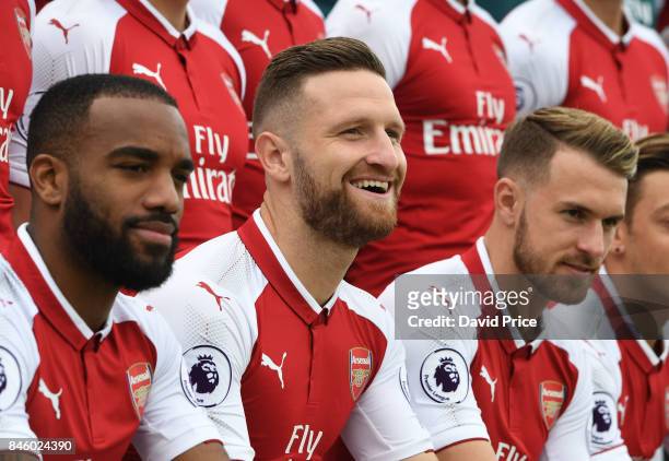 Shkodran Mustafi of Arsenal during the 1st team squad photocall at London Colney on September 12, 2017 in St Albans, England.