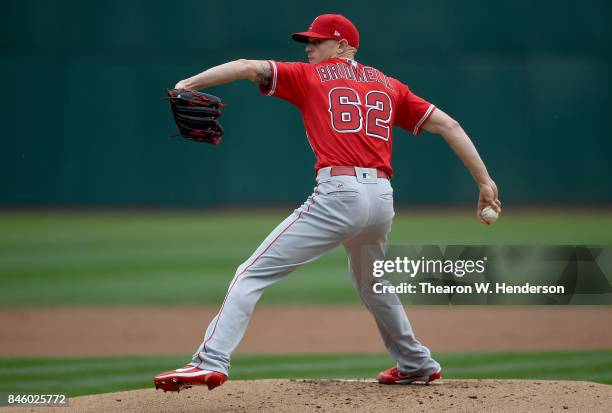 Parker Bridwell of the Los Angeles Angels of Anaheim pitches against the Oakland Athletics in the bottom of the first inning at Oakland Alameda...