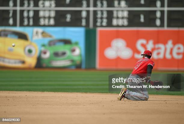 Brandon Phillips of the Los Angeles Angels of Anaheim throws the ball to second base from his knees and behind his back to start a double-play...