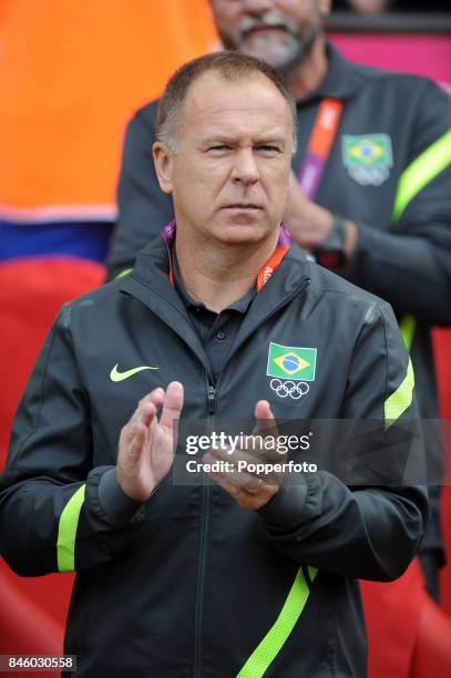 Brazil coach Mano Menezes during the Men's Football match between Brazil and Belarus on Day 2 of the London 2012 Olympic Games at Old Trafford on...