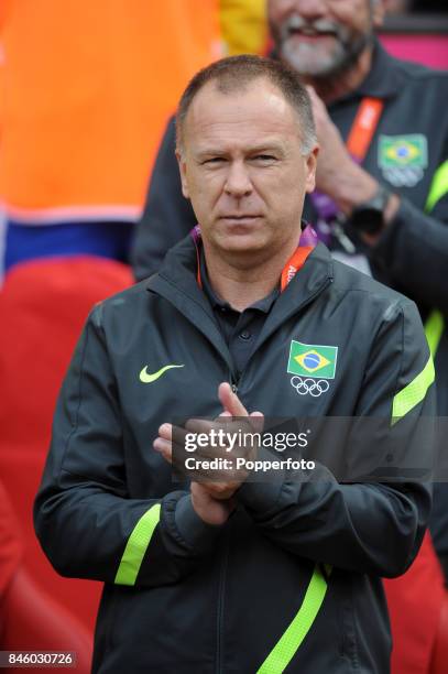 Brazil coach Mano Menezes during the Men's Football match between Brazil and Belarus on Day 2 of the London 2012 Olympic Games at Old Trafford on...