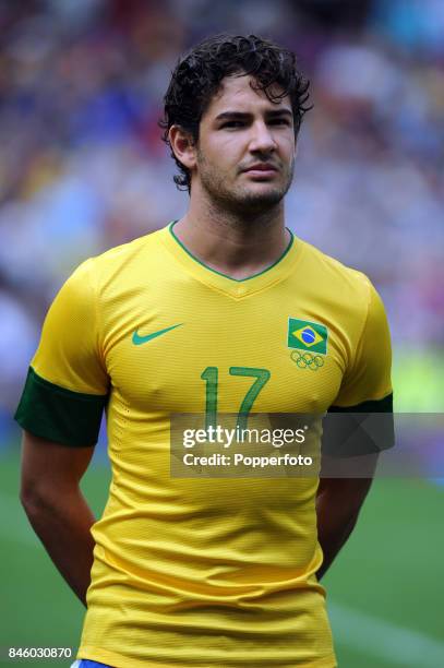 Alexandre Pato of Brazil prior to the Men's Football match between Brazil and Belarus on Day 2 of the London 2012 Olympic Games at Old Trafford on...