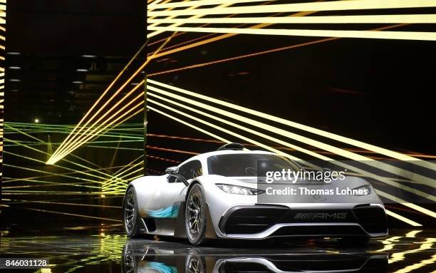 The carmaker Mercedes presents a new concept car Mercedes AMG 'Project one' at the Mercedes-Benz press conference at the 2017 Frankfurt Auto Show on...