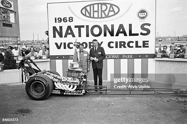 Don "Big Daddy" Garlits wins Top Fuel Eliminator at the 14th annual National Hot Rod Association Nationals held on September 2, 1968 at Indianapolis...