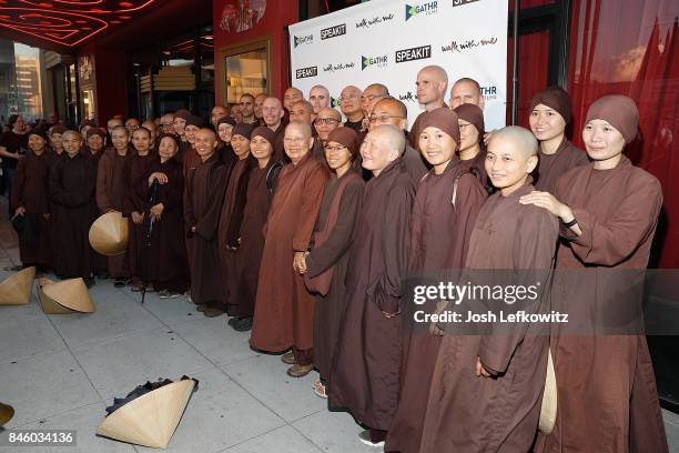 The Thich Nhat Hanh's global monastic community attend the 'Walk With Me' premiere at Laemmle's Ahrya Fine Arts Theatre on September 9, 2017 in...