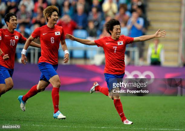 Bokyung Kim of Korea celebrates his goal during the Olympic mens football match between Korea Republic and Switzerland on Day 2 of the London 2012...